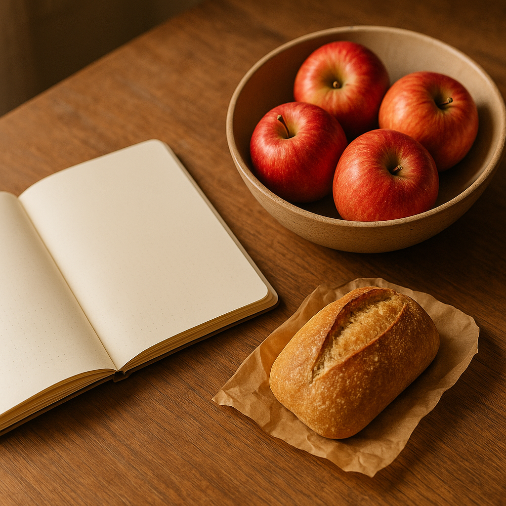 A notebook beside fruit and bread