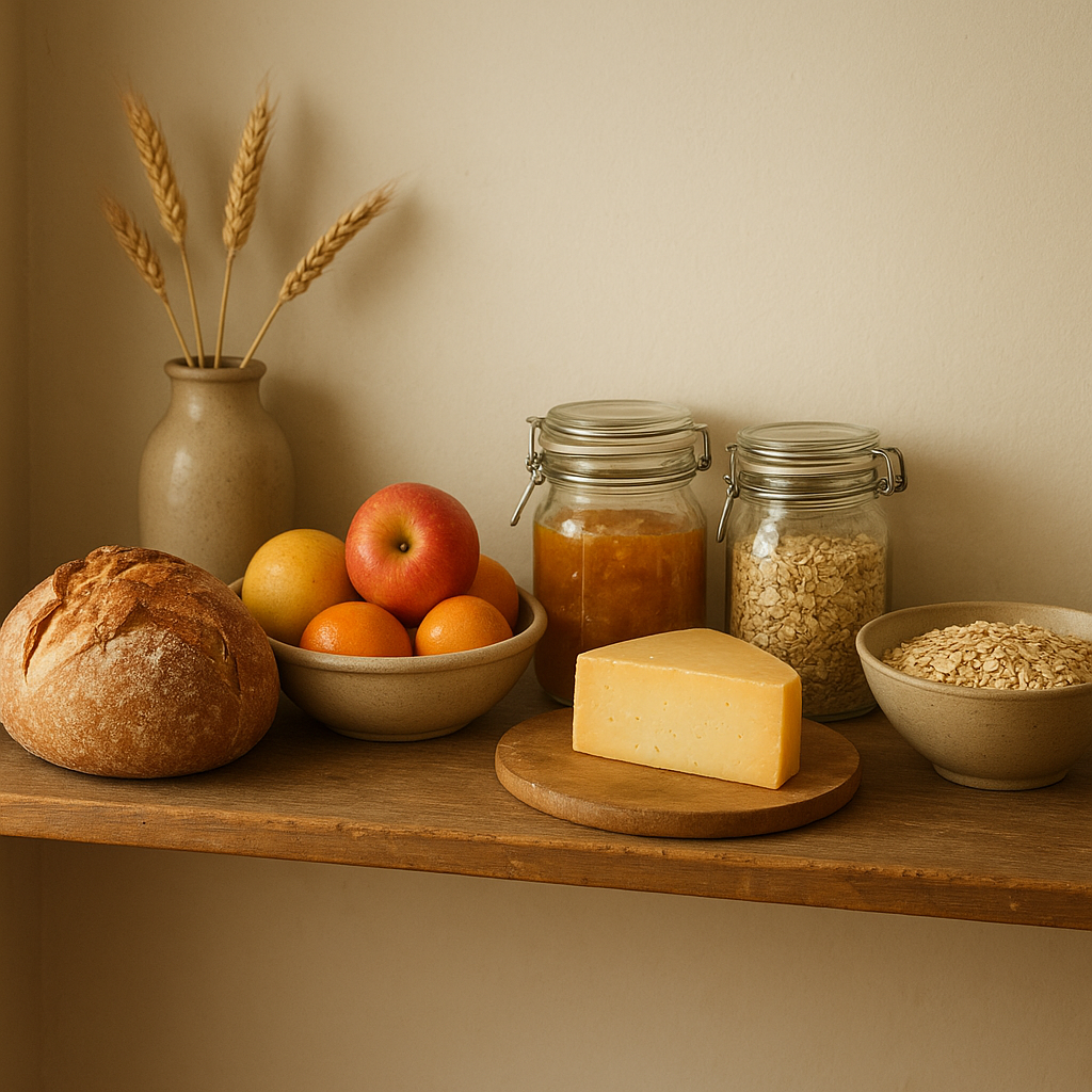 A kitchen shelf of many foods