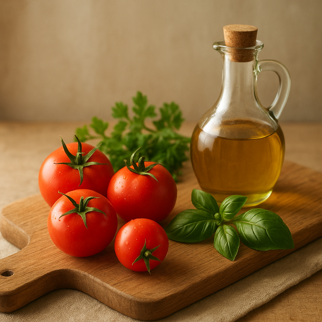 Tomatoes, herbs, and a cruet of oil
