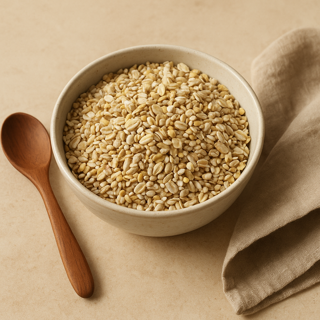 A bowl of grains and a wooden spoon