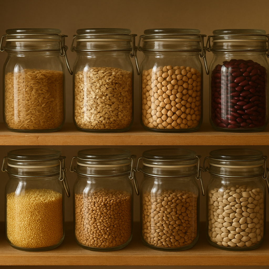 A pantry shelf of jars