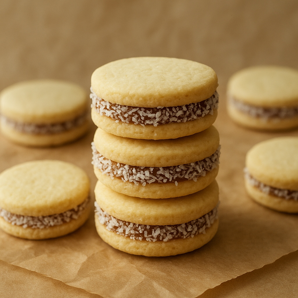 Alfajor cookie sandwich with dulce de leche filling