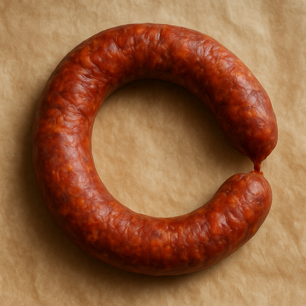 Curved pork sausage seasoned with paprika
