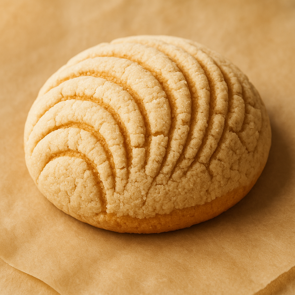 A round, sweet bread with a patterned topping