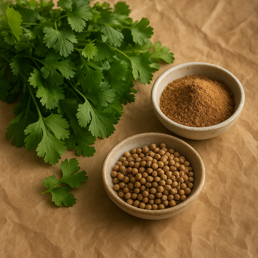 Fresh green coriander leaves and stems