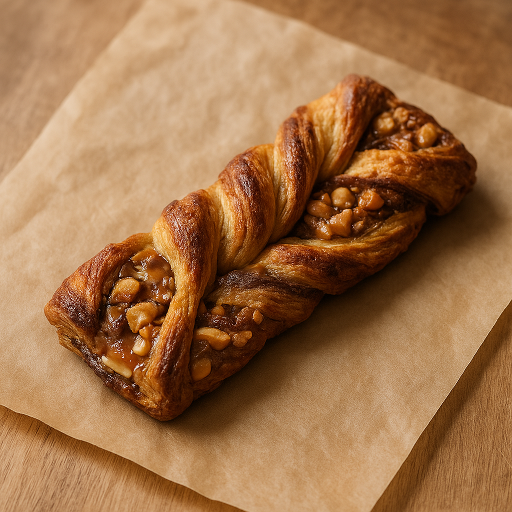 Twisted caramel, peanut, and chocolate snack pieces
