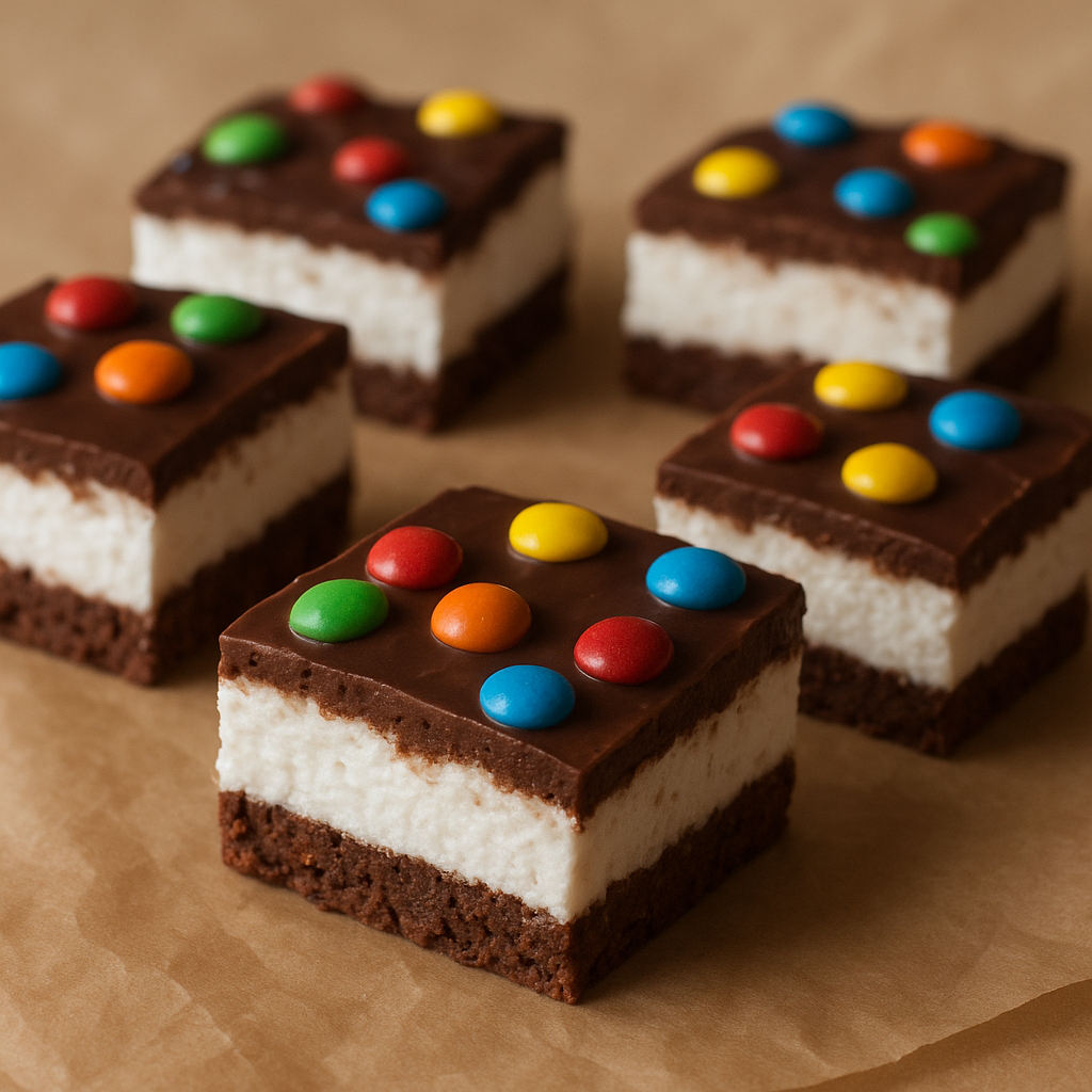 Chocolate-covered marshmallows with colorful candy pieces.