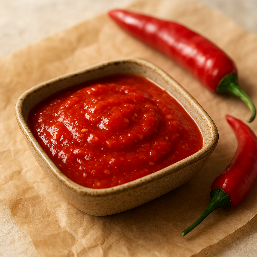 A small glass bottle of red pepper sauce.