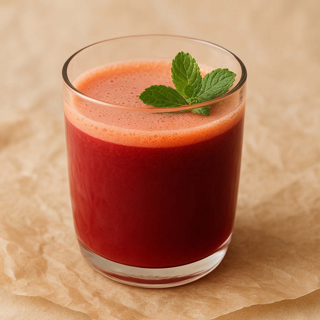 A glass of apple, beet, and mint juice.