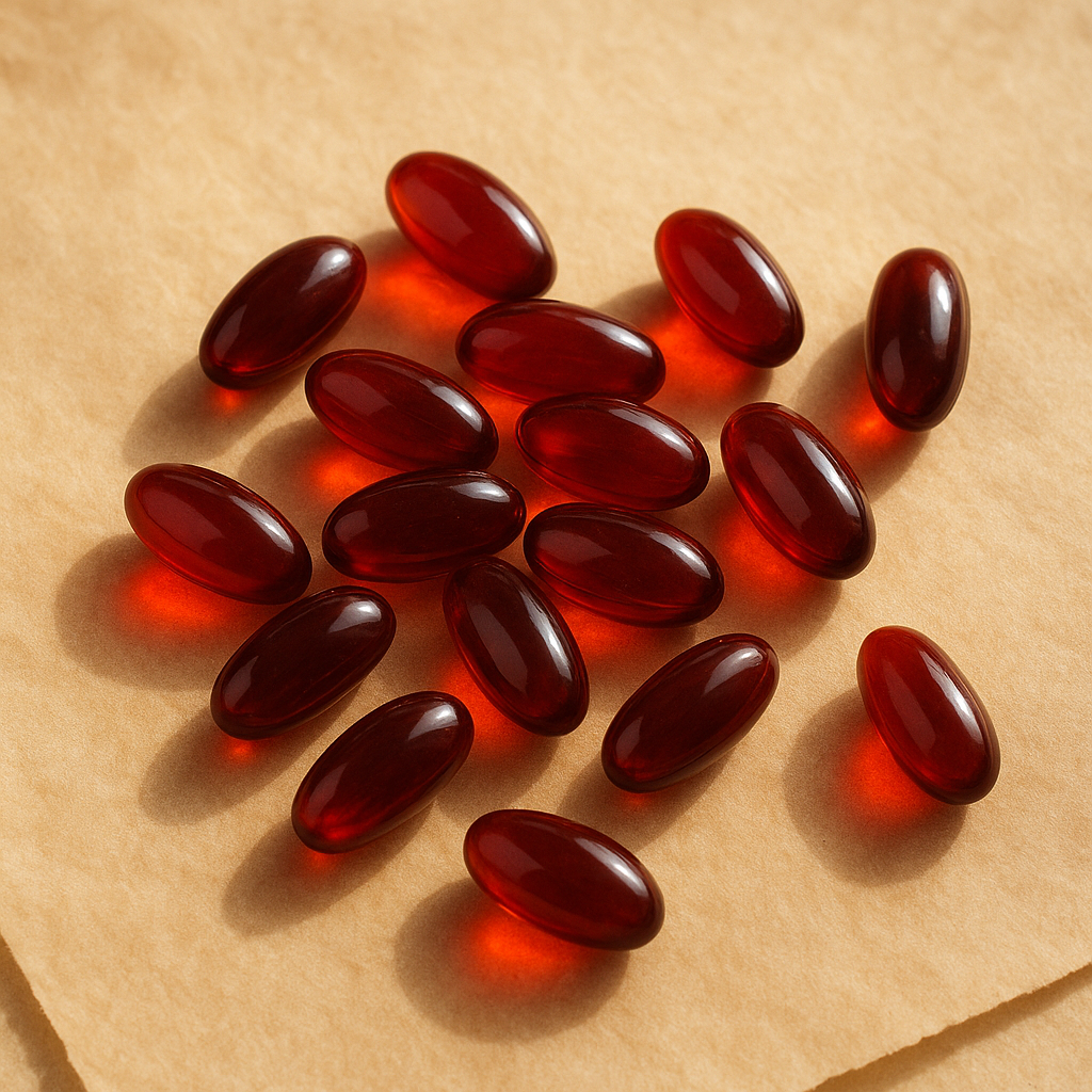 Krill oil softgels in a bottle.