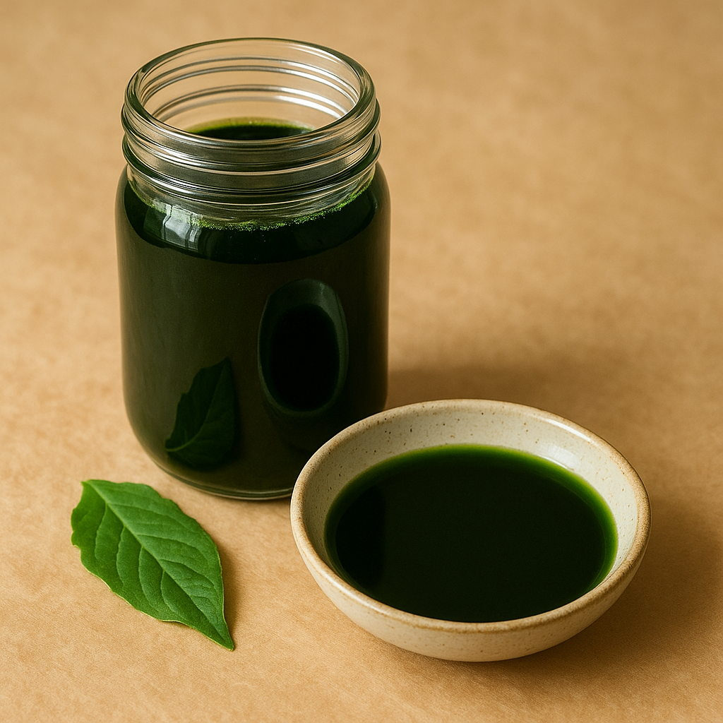 Dark green liquid chlorophyll supplement