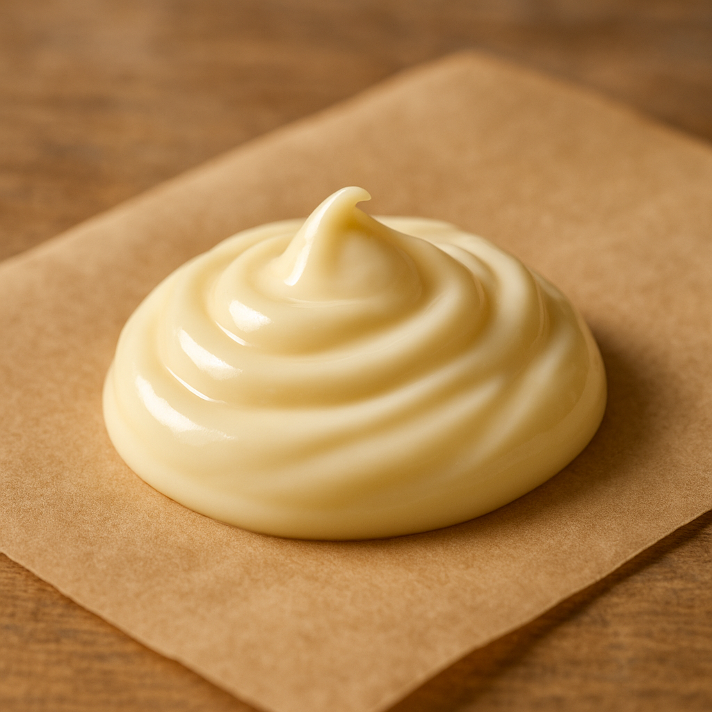 Creamy mayonnaise in a large plastic jar.