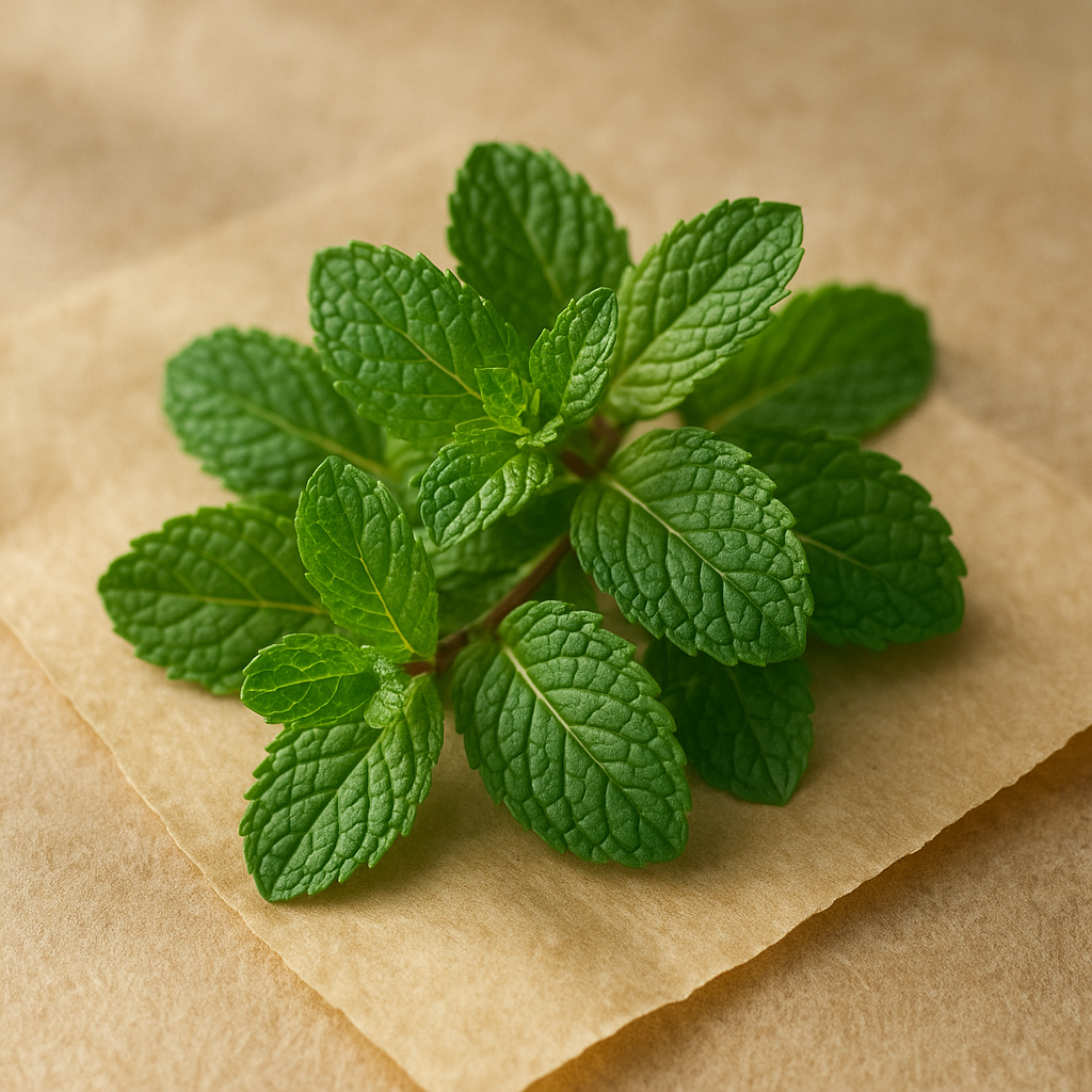 Peppermint essential oil in a small glass bottle.