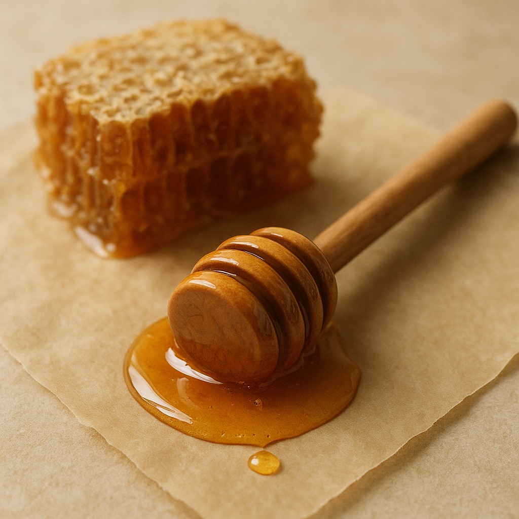 A jar of amber-colored honey