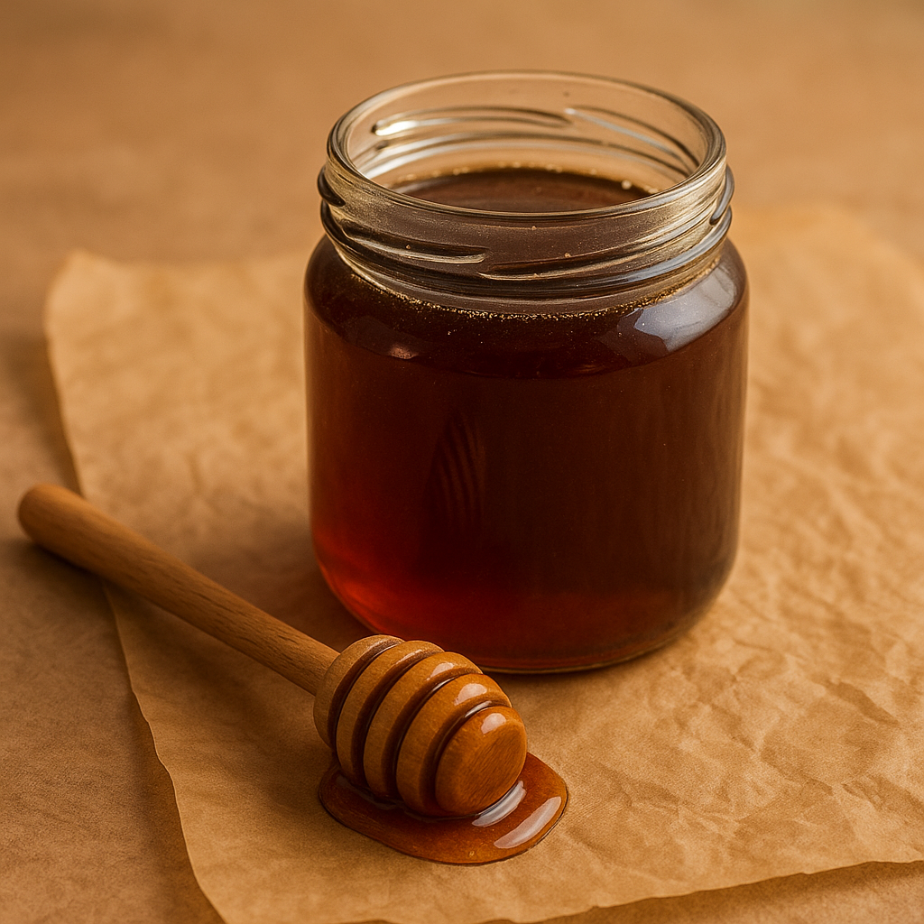 Forest honey in a glass jar