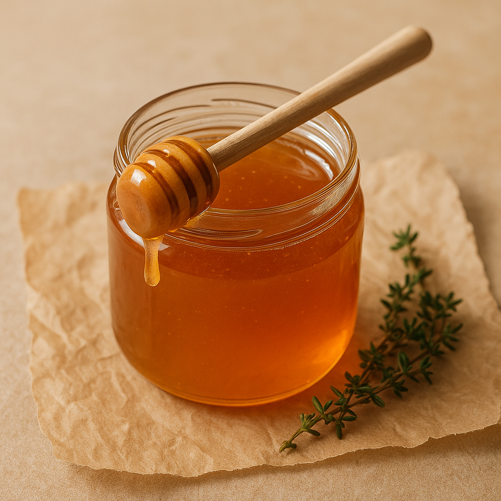 A jar of amber-colored honey.