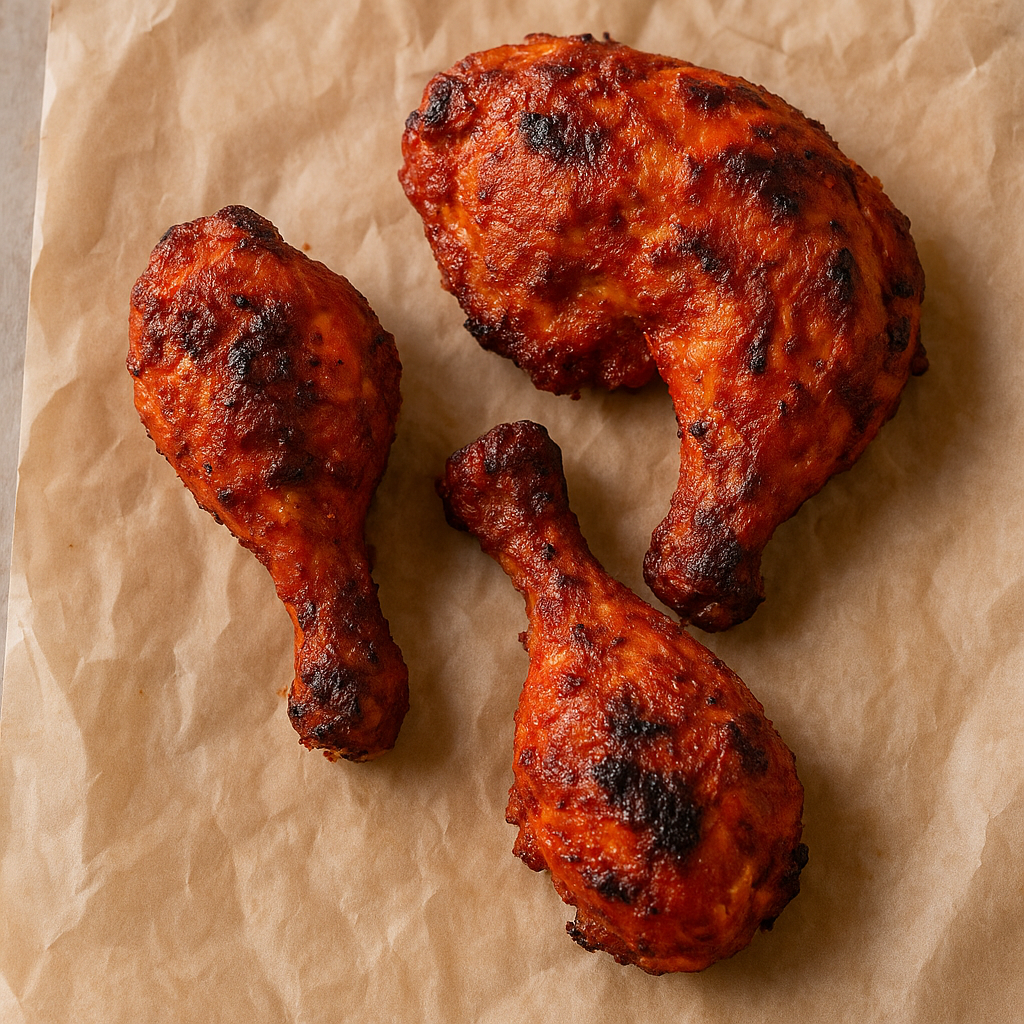 Cooked tandoori chicken pieces