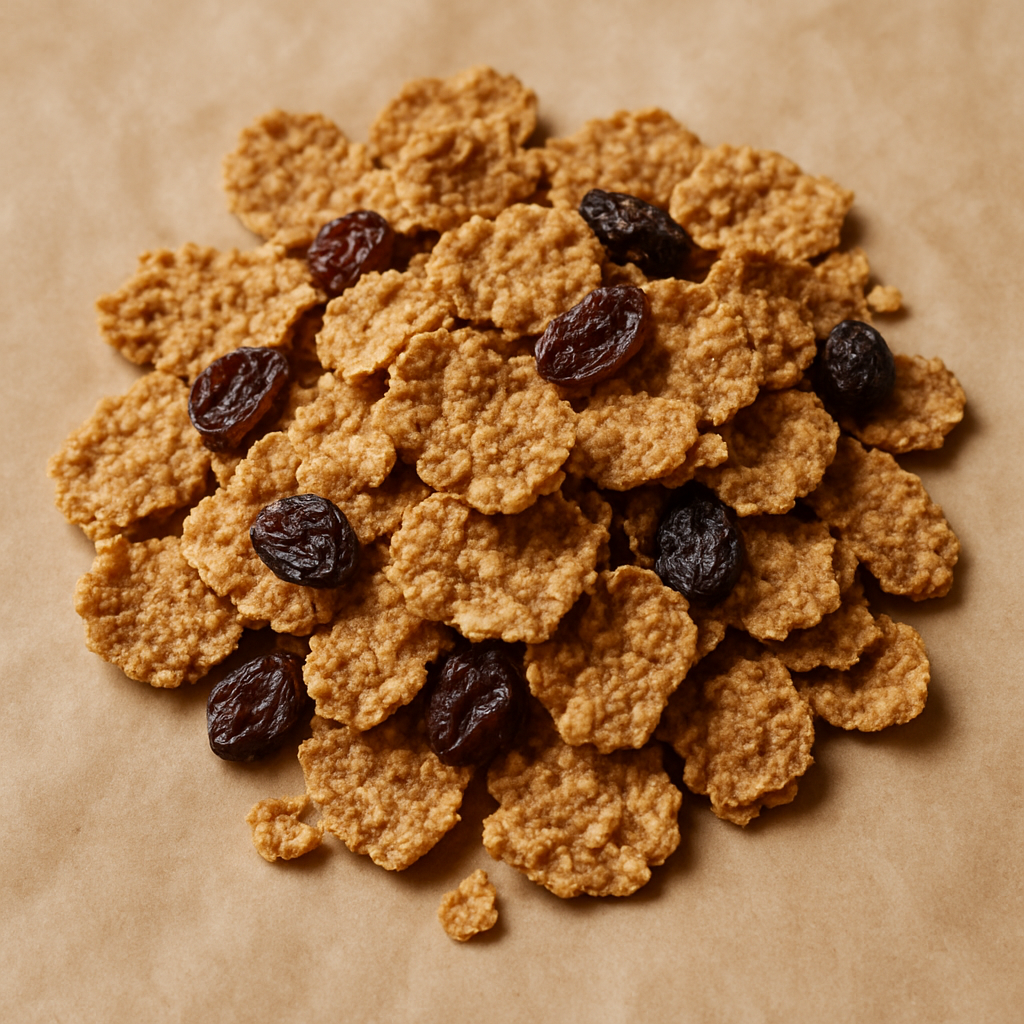 Whole grain wheat flakes with raisins