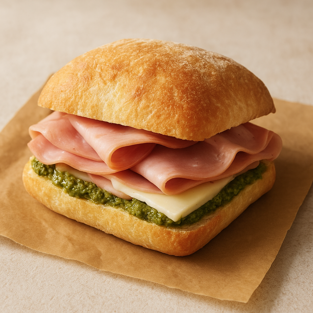 Mortadella, pesto, and cheese sandwich