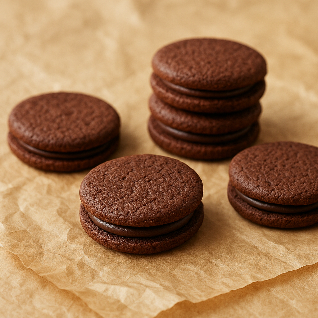 Chocolate sandwich cookies with creme filling