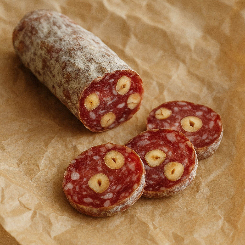 Dry cured sausage with hazelnuts