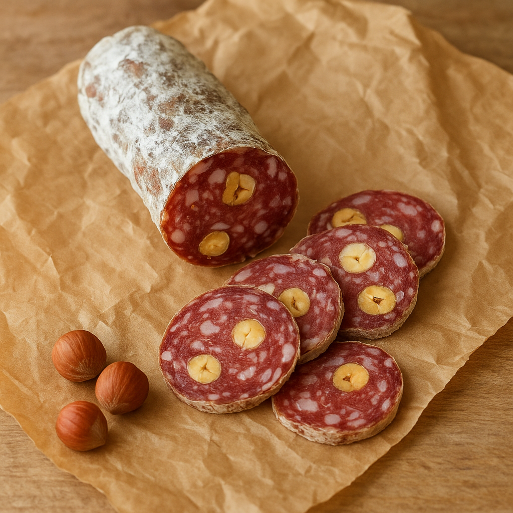 Sliced dry-cured sausage with hazelnuts