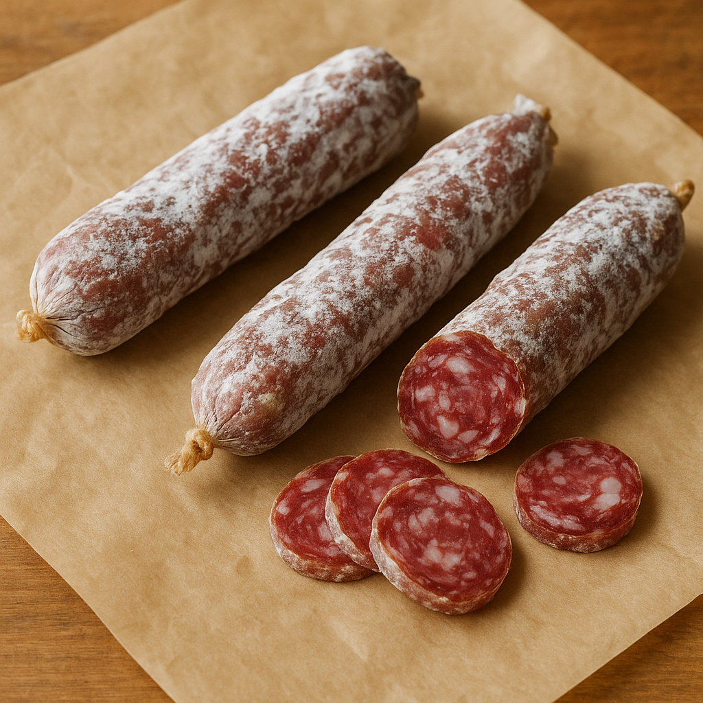 Sliced dry-cured sausage with red pepper flakes