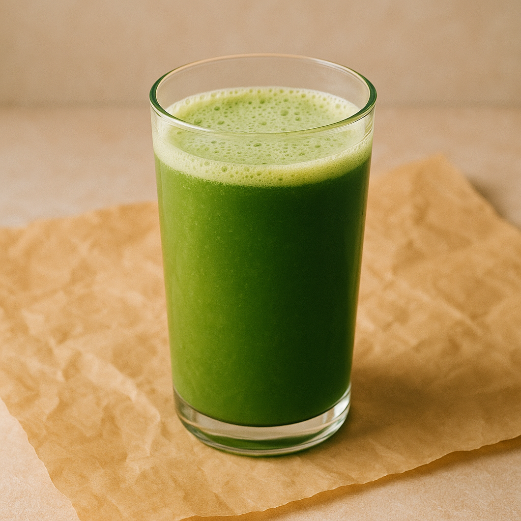 A glass of blended fruit and vegetable juice