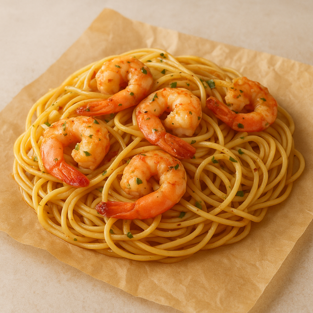 Frozen spaghetti with scampi