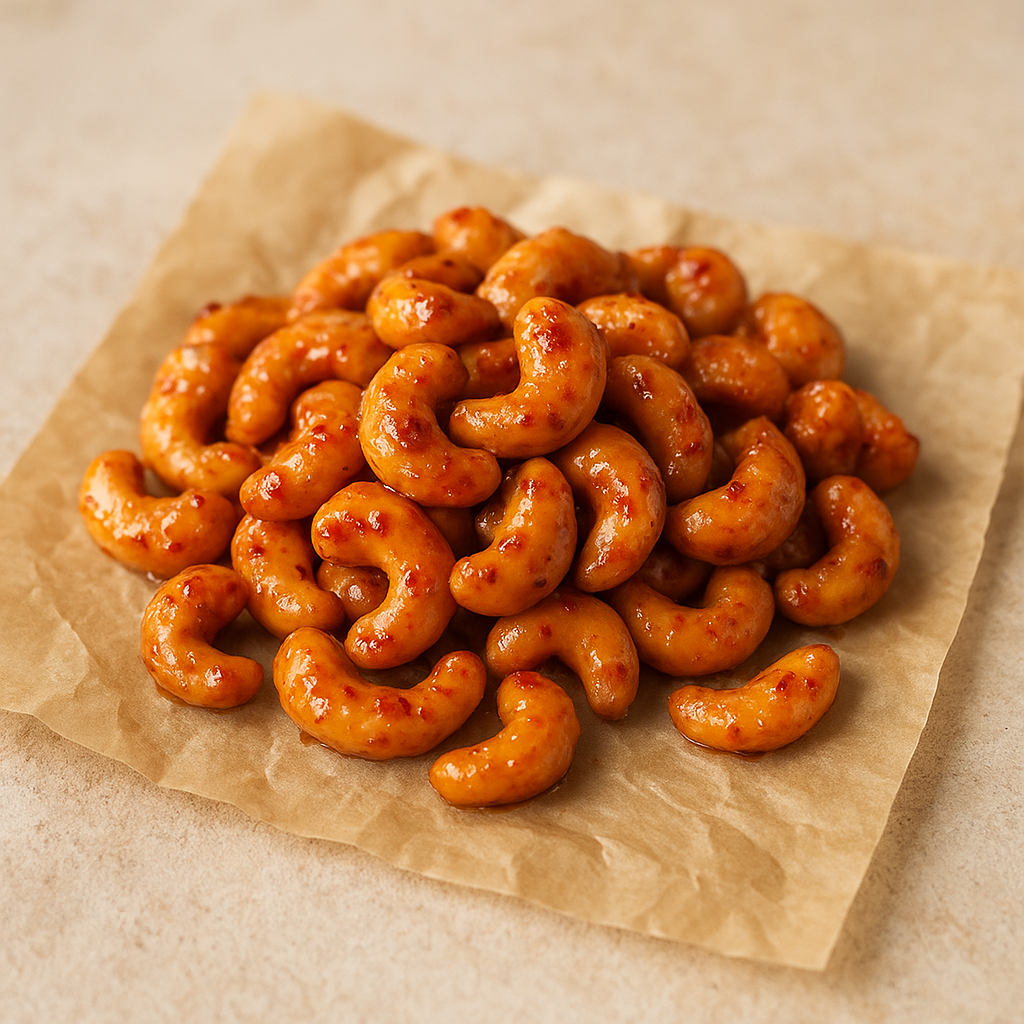 Toasted cashews with a sweet chili coating
